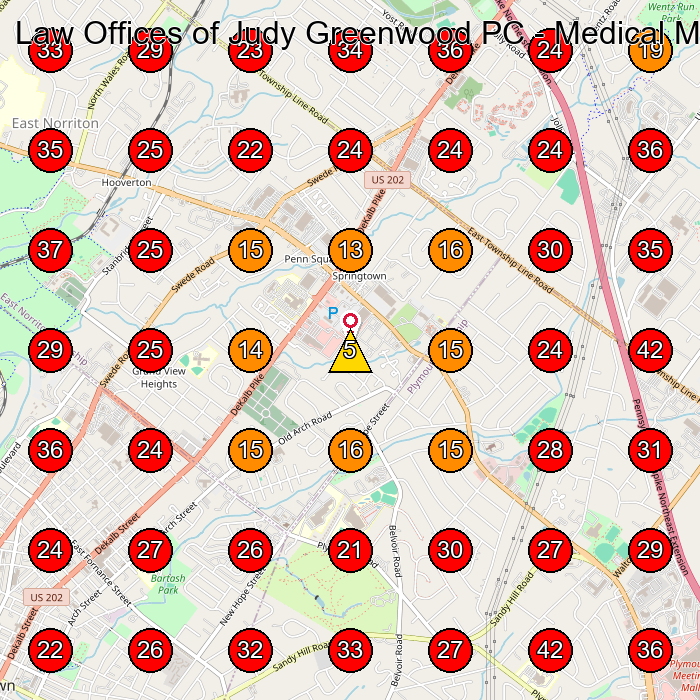 Law Offices of Judy Greenwood PC - Medical Malpractice and Personal Injury Lawyers GeoGrid visibility map for Dance School in Norristown
